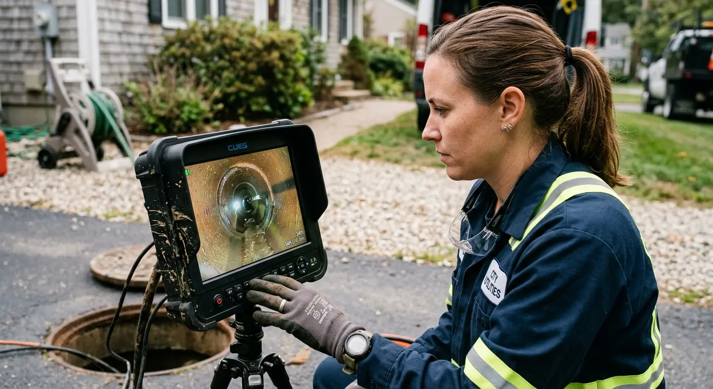 Technician reviewing sewer camera inspection footage in Butler