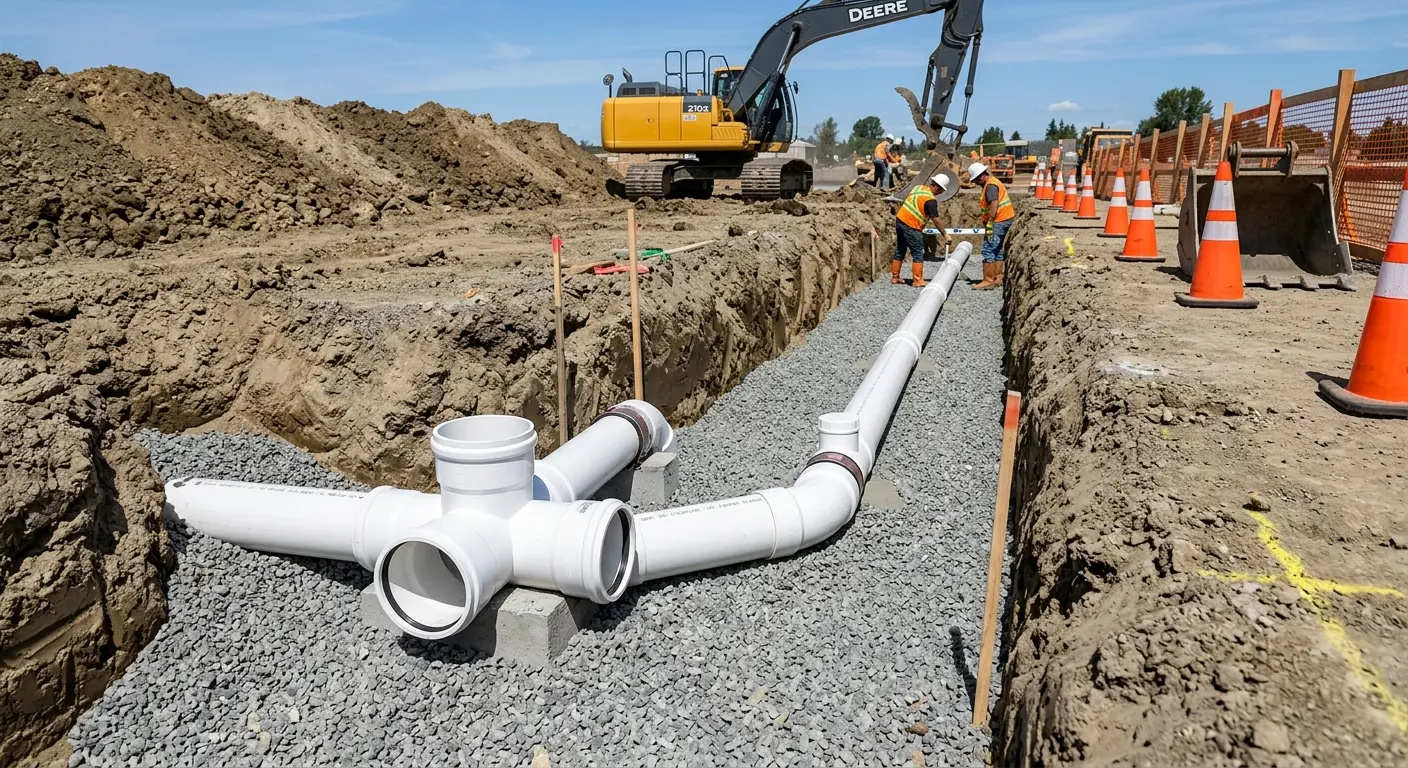 New PVC sewer pipe installation in open trench for Commercial Drain Cleaning in Butler