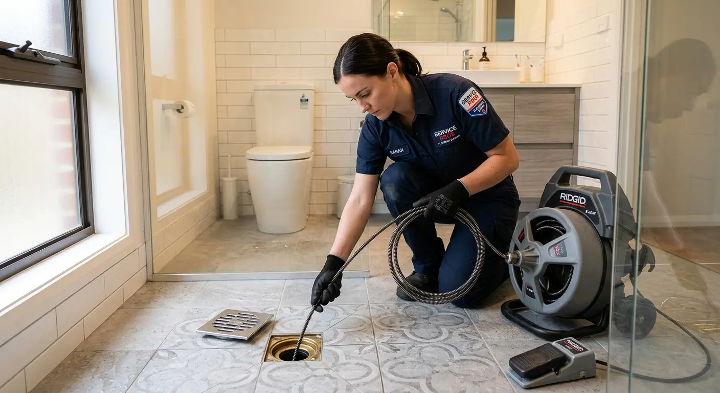 Technician clearing a bathroom floor drain for Clogged Drain Repair in Butler